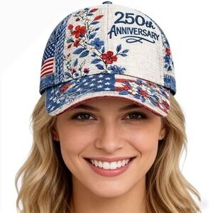 Womens 250th Anniversary Patriotic Floral American Flag Baseball Cap Adjustable